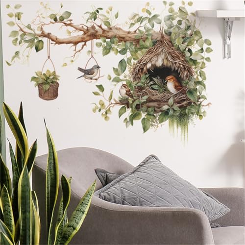 Bird Nest and Tree Branch Wall Decal, Decorative Vinyl Large Tree Branch Wall Sticker with Hanging Basket Design, Nature-Inspired Birds Nests Room Decor (Cute Bird Nest)