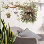 Bird Nest and Tree Branch Wall Decal, Decorative Vinyl Large Tree Branch Wall Sticker with Hanging Basket Design, Nature-Inspired Birds Nests Room Decor (Cute Bird Nest)