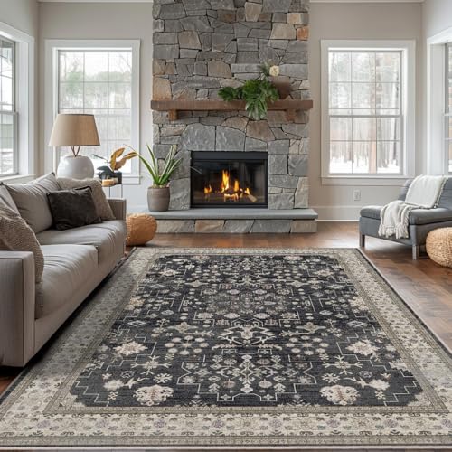 8x10 Washable Area Rugs for Living Room, Non-Slip Stain Resistant Soft Vintage Extra Large Area Rug, Low Pile Indoor Boho Rug for Bedroom Dining Room Farmhouse (Charcoal Blush Ivory) - color: Charcoal Blush Ivory, size: 8' x 10' (Rectangular)