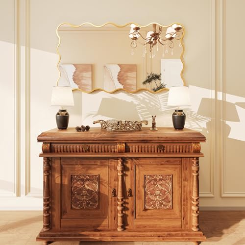 Kelly Miller 26x48 Inch Gold Scalloped Mirror, Large Rectangular Wavy Edge Bathroom Vanity Wall Mirror Decorative for Bedroom Living Room Entryway Fireplace Mantle - size: 48"L x 26"W