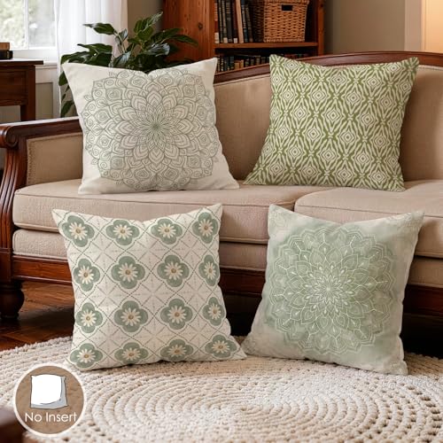 OBSEDE Sage Green Boho Decorative Throw Pillow Covers 18x18 Set of 4 Faux Linen Cushion Cases Single-Sided Print Light Green Mandala Accent Pillows for Couch Sofa - color: Sage Green Boho