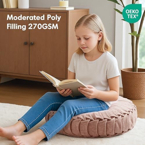 Intelligent Design Loretta Round Chenille Tufted Floor Pillow with Elegant Pleated Design, Large Boho & Vintage Decorative Throw Pillow for Sofa, Bed, or Chair, 22" x 6", Blush