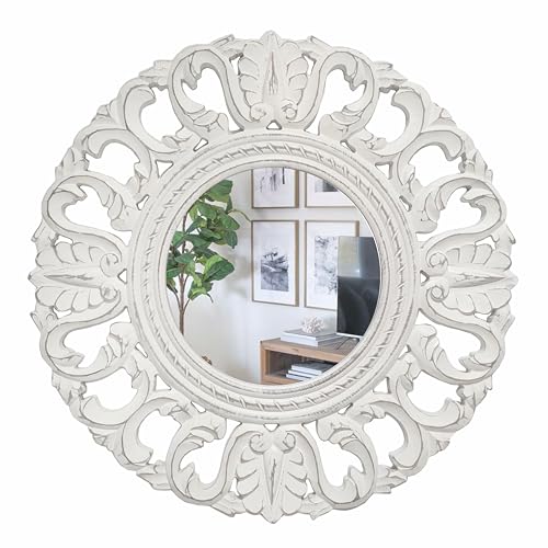 JFY Designs Wall & Accent Mirror Wall Décor - Vanity Mirror with Engineered Wood Frame, Boho Farmhouse Wall-Mounted Mirrors for Bathroom, Entryway, Living Room - color: Balendin White, size: 24"L x 24"W