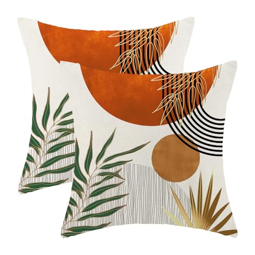 Boho Pillow Covers 16x16 Set of 2 Abstract Green Orange Gold Sunset Throw Pillow Covers Outdoor Decor Mid Century Bohemian Style Tropical Leaf Pillowcase Farmhouse Cushion Case for Home Couch - color: Mid-century-orange, size: 16" x 16" (Pack of 2)