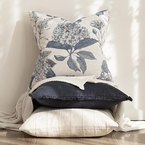 Foindtower Set of 2 Linen Floral Vintage Throw Pillow Covers Neutral Accent Print Decorative Cushion Covers Farmhouse Boho Home Decor for Sofa Chair Couch Bedroom Living Room,18×18 Inch,Blue - color: Aegean Blue, size: 18" x 18" (Pack of 2)