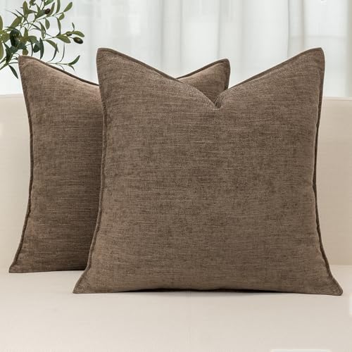 Chenille Linen Throw Pillow Covers 22x22 Set of 2, Thick Textured Boho Pillow Covers, Farmhouse Decorative Pillow Covers, Neutral Vintage Accent Covers for Couch Sofa Bed, Coffee Brown - color: Coffee Brown, size: 22" x 22" (Pack of 2)