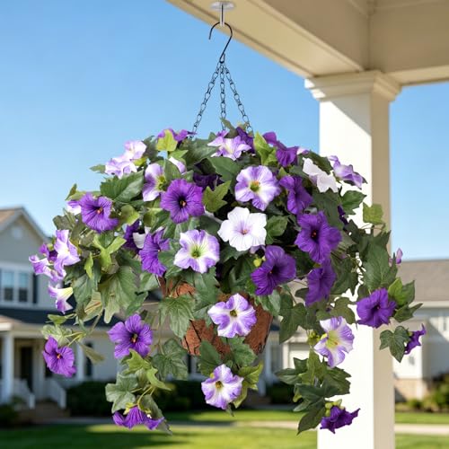 Ammyoo Artificial Hanging Fake Flowers with Basket Plants for Outdoor Decoration, Faux Silk Flower UV Resistant Morning Glory for Home Porch Patio Garden Balcony Yard Look Real (Purple White) - color: Purple White Basket, size: 3 Pcs with Basket
