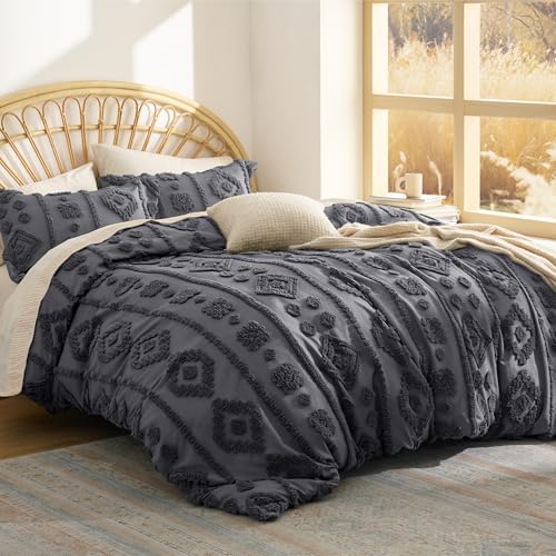Bedsure Boho Tufted Grey Comforter Set Queen Size, GentleSoft™ 3 Pieces Boho Farmhouse-Style Decor Bedding, Exquisite Bedding for All Seasons, 1 Bed Comforter, 2 Pillow Shams, 90x90 Inches - color: 03 - Distressed Vintage Dark Grey, size: Queen (90" x 90"