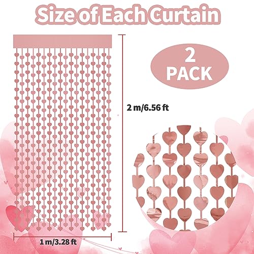 2 Pack 3.2ft x 6.6ft Valentine's Day Metallic Foil Fringe Curtain, Rose Gold Heart Shape Tinsel Curtains Streamers Photo Props Backdrop for Valentine's Day Engagement Wedding Party Decorations… - color: Rose Gold