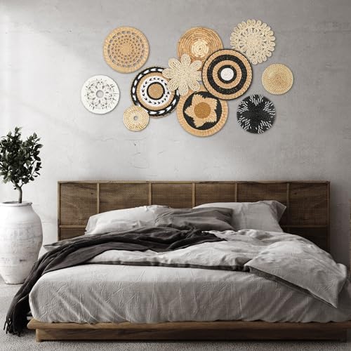 Tatuo 11 Pcs Boho Wall Basket Decor Bulrush Woven Wall Hanging Art Round Farmhouse Rustic Handmade Wicker for Summer Home, Bedroom, Living Room, Kitchen Decorations, Multi Sizes(Retro) - style: Retro