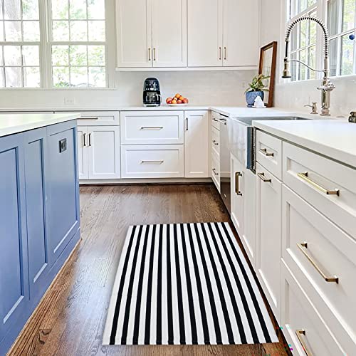 Black and White Outdoor Rug 27.5'' x 43'' Striped Front Porch Rug Hand-Woven Cotton Rug Machine Washable Floor Mat Indoor/Outdoor Area Rug for Layered Door Mats/Farmhouse/Living Room (27.5'' x 43'') - color: Black&white Stripe Bb, size: 2'4" x 3'7" (Recta