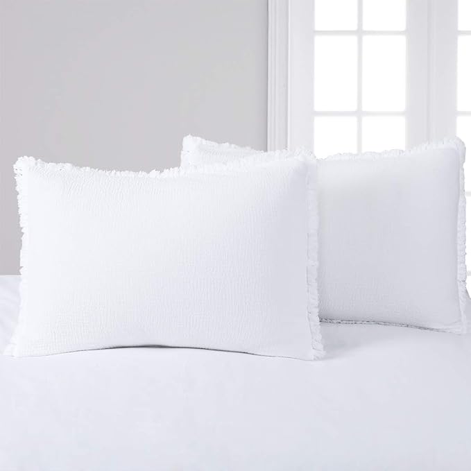 YINFUNG Quilted Pillow Sham White Standard Set of 2 Muslin Cotton Tassel Fringe Pillowcases Matelasse Boho Decorative Textured Gauze Moroccan Thin Soft 20×26 Bright White