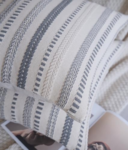 Cethom Grey Boho Throw Pillow Covers 18x18 Inch Set of 2, Stripe Textured Decorative Couch Pillow Cases for Bed, Sofa, Living Room, Bedroom, Farmhouse Home Accent Cushion Covers - color: Grey, size: 18" x 18" (Pack of 2)
