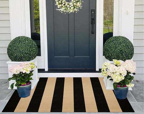 Striped Layering Rug 27.5"x43",Black and Tan Farmhouse Front Porch Mat Cotton Woven Washable Entryway Rug Indoor Outdoor Front Door Mat for Porch/Entryway/Home Entrance Decor - color: Black Tan, size: 2'4" x 3'7" (Rectangular)