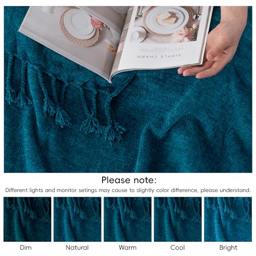 BATTILO HOME Teal Blue Chenille Throw Blanket for Couch, Soft Cozy Textured Knit Throw Blanket with Handmade Fringe Tassels, Lightweight Decorative Farmhouse Blanket for Sofa Bed Chair, 50"x60" - color: Teal