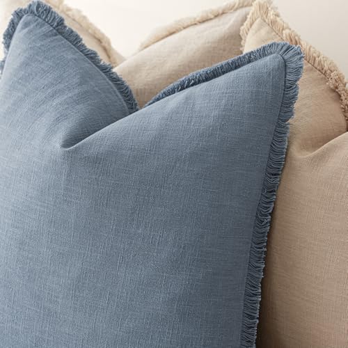 Foindtower Set of 2 Decorative Linen Fringe Throw Pillow Covers Cozy Boho Farmhouse Cushion Cover with Tassels Soft Accent Pillowcase for Couch Sofa Bed Living Room Home Decor, 16×16 Inch, Misty Blue - color: Spring Lake, size: 16" x 16" (Pack of 2)