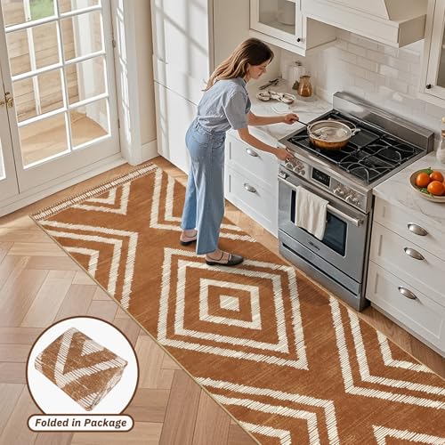 Boho Hallway Runner Rugs 3x10ft Non Slip, Long Brown Washable Kitchen Rug Runners Non Shedding, Geometric Floor Carpet for Bedroom Farmhouse Entryway Living Room Home Decor - color: Brown, size: 3' x 10' (Rectangular)