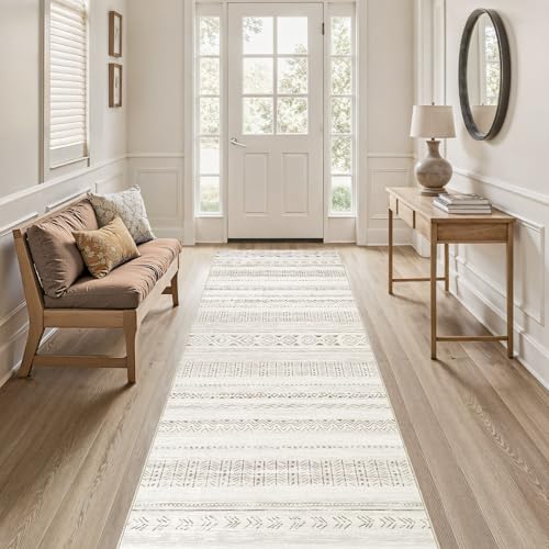cotiled Washable 3x8 Runner Rugs: Washable Boho Rugs with Non Slip Backing Large Soft Indoor Stain Resistant Carpet for Living Room Bedroom Farmhouse Dining Room Lightweight Home Decor L Brown/Cream - color: Light Brown/Cream, size: 3' x 8' (Runner)