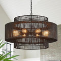30" Large Black Rattan Chandelier, 8-Light Hand-Woven 3-Tier Drum Wicker Boho Farmhouse Light Fixture, Retro Pendant for Dining Room Kitchen Island Bedroom Living Room Foyer - color: Black 30"