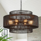 30" Large Black Rattan Chandelier, 8-Light Hand-Woven 3-Tier Drum Wicker Boho Farmhouse Light Fixture, Retro Pendant for Dining Room Kitchen Island Bedroom Living Room Foyer - color: Black 30"