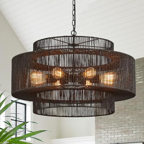 30" Large Black Rattan Chandelier, 8-Light Hand-Woven 3-Tier Drum Wicker Boho Farmhouse Light Fixture, Retro Pendant for Dining Room Kitchen Island Bedroom Living Room Foyer - color: Black 30"