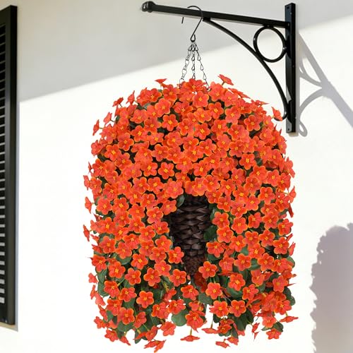 Artificial Fake Hanging Flowers Plants Baskets for Outdoor Outside, Faux Silk Orange Daisy Mums Trailing Vines in Planter Realistic UV Resistant for Balcony Porch Decor - color: Orange
