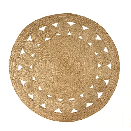 GRUHUM Jute Area Rug 4ft Natural Fiber Round Handmade Boho Charm Farmhouse Soft Bohemian Braided Reversible Rustic Vintage Rugs for Indoor Kitchen Bedroom Living Room Hallways Enterways(4'ft Round) - color: Natural- 28, size: 4' (Round)