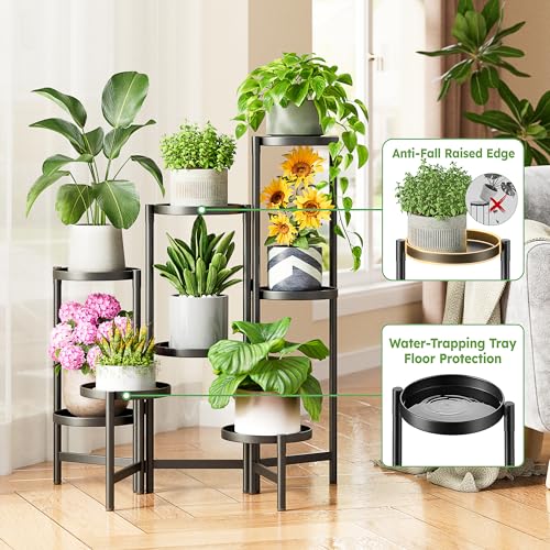 8 Tiered Plant Stand Indoor for Multiple Large Planter, Tall Heavy Duty Adjustable Folding Rack with Rustproof 7.9 Inch Wide Tray, Plant Shelf for Corner Living Room - BlackDisk - color: BlackDisk, size: 8-tiers