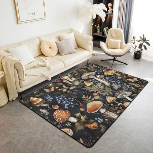 Erosebridal Mushroom Area Rug 6'6" x 4'11" Butterfly Living Room Rugs Nature Leaves Botanical Decorative Carpet Vintage Daisy Blueberry Indoor Floor Mat - color: Black Brown, size: 4'11" x 6'6" (Rectangular)