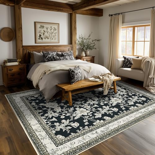 Black Floral Rug 5x7 Machine Washable Area Rug for Living Room Vintage Boho Farmhouse Low Pile Distressed Carpet for Dining Room, Bedroom Indoor Non-Slip Black Beige Taupe Flower Design Home Decor - color: Sketch Floral Black, size: 5' x 7' (Rectangular)