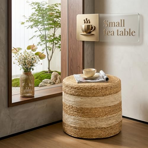 Handmade Water Hyacinth Ottoman - 17.7" Round Woven Foot Stool with High-Density Padding - Decorative Straw Pouf for Living Room & Bedroom, Boho Floor Seating & Small Tea Table, White