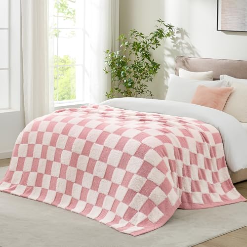 Snuggle Sac Pink Checkered Throw Blanket Faux Fur Microfiber Blankets for Couch,Cozy Soft Warm Blanket for Sofa Bedroom Living Room,Pink Checker,50x60 inches - color: Pink White, size: Throw(50"x60")