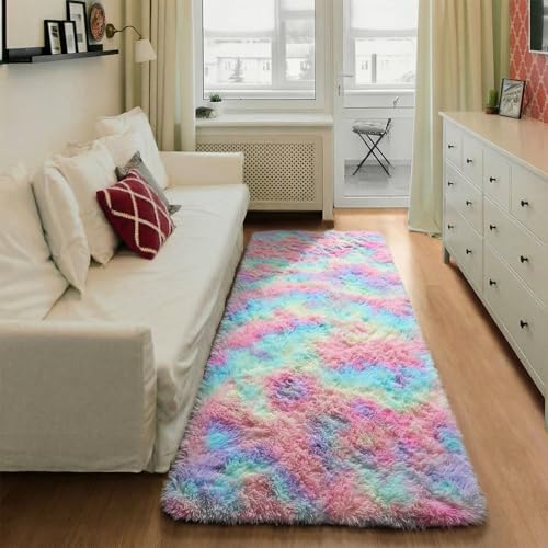 ONASAR Colorful Rainbow Runner Rugs for Bedroom Living Room, Fluffy 2x6 Bedside Hallway Area Rug, Ultra Soft Plush Furry Faux Fur Floor Carpet for Nursery Kids Dorm Closet Home Decor Aesthetic - color: Colorful Rainbow, size: 2' x 6' (Runner)