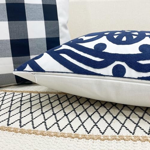 Slow Cow Canvas Embroidered Decorative Throw Pillow Cover Square 18 x18 inches Cozy Boho Mandala Chic Knit Pattern Cushion Cover for Sofa Couch Living Room Bedroom - color: Navy Petal, size: 18" x 18" (Pack of 1)