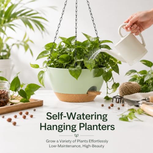 12 Inch Self Watering Hanging Planters 2 Pack, Indoor Outdoor Hanging Pots for Plants with Drainage Holes & Saucers, Green Brown Plastic Hanging Baskets for Kitchen Balcony Garden - color: Green Brown