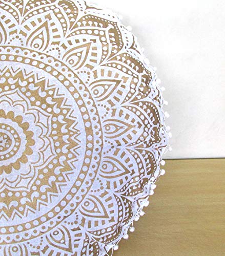 24" Gold Mandala Barmeri Large Floor Pillow Cover Cushion Meditation Seating Ottoman Throw Cover Hippie Decorative Zipped Bohemian Pouf Ottoman Poufs, Pom Pom Pillow Cases (White Gold, 24" Round) - color: White Gold, size: 24" Round