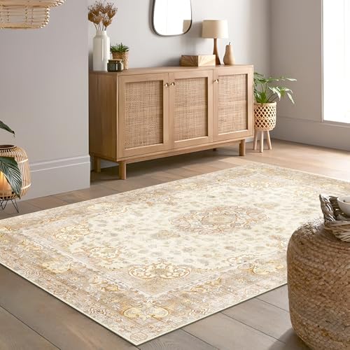 Boho Rug 4'x6.5',Washable Area Rugs for Bedroom Living Room Kitchen Entryway Bedside,Small Vintage Bohemian Distressed Non Slip Carpet,Beige Gold Floral - color: Beige, size: 4'x6.5'
