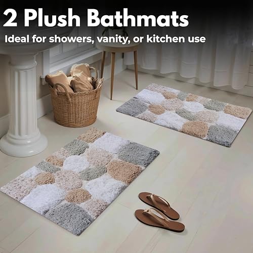 Ramanta Home Pure Cotton Pebble Stone Bathroom Mat Set of 2 - Grey Beige, Super Soft Anti Skid Absorbent Bath Rug Set for Bathroom, Kitchen, Machine Washable Bathrugs - 21x32 & 17x24 Inch - color: Grey Beige, size: 21" x 32" & 17" x 24" (Set of 2)