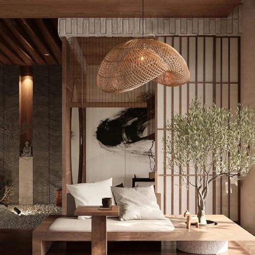 Organic Modern Bamboo Chandelier 19.7" Handmade Woven Wicker Pendant Light, Farmhouse Boho Rattan Light Fixture for Dining Room, Kitchen, Cafe, Bedroom Living Room - color: Bamboo, 19.7", 1-Light