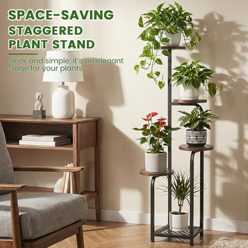 TOSKING 5 Tier Metal Anti-Tip Plant Stand indoor, Wide Base for Pots, Child and Pet Friendly ,Heavy Duty Plant Shelf ,Corner Shelf, Flower Pot Stand for Multiple Plants, Indoor Plants Tiered Stand for Living Room Balcony Garden Patio Bedroom(Black and Bro