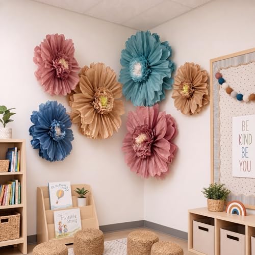 Giegxin 6 Pcs 31.5", 24" Boho Giant Paper Flowers Back to School Bulletin Board Decoration Large Pink Blue Classroom Tissue Flowers for Wall DIY Photo Backdrop Classroom First Day of School Party - color: Blue,Pink,Brown, size: 31.5", 24"