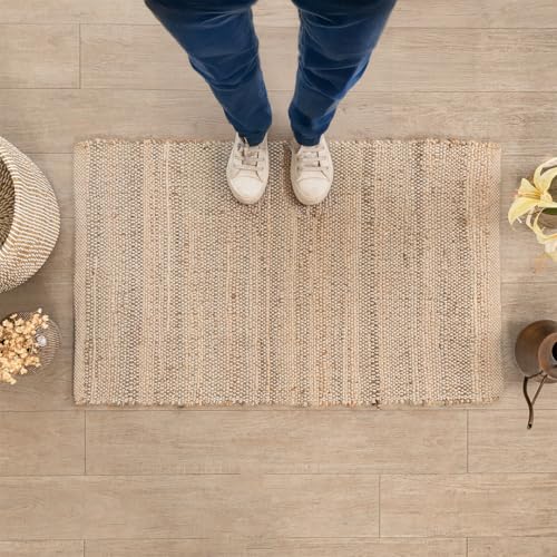 HOMEMONDE Jute Cotton Door Mat Hand Woven Rug 2 x 3 ft - Rectangle Natural Fiber Farmhouse Style Braided Rug for Entryway, Bedroom, Living Room, Hallway - color: Natural Jute, size: 2' x 3' (Rectangular)