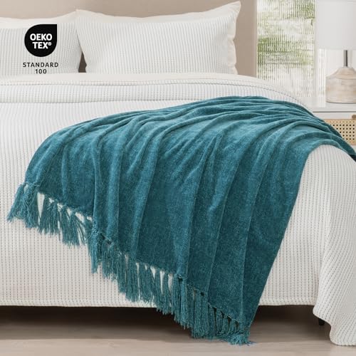 RECYCO Throw Blanket Soft Cozy Chenille Throw Blanket with Fringe Tassel for Couch Sofa Chair Bed Living Room (Teal, 50'' x 60'') - color: Teal, size: 50'' X 60''