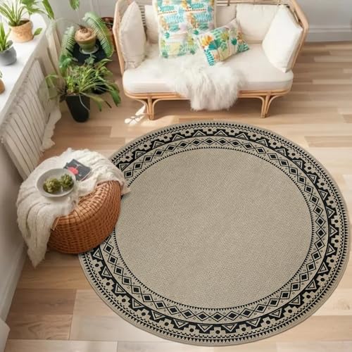 Round Easy Jute Rug 5Ft Washable Boho Carpet, Circle Black Geometric Design, Indoor Outdoor, for Farmhouse Bedroom Living Room Dorm Balcony Patio, Low Pile Thin Floor Mat - color: Boho, size: 5'
