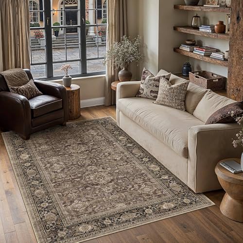 HUGEAR Brown Washable 3x5 Area Rugs for Living Room Bedroom Vintage Distressed Neutral Rug Carpet Durable Soft Non Slip & Shedding Stain Resistant Low Pile Indoor Home Decor - color: Retro | Brown, size: 3' x 5' (Rectangular)