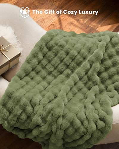 Ultra Soft Cozy Faux Fur Throw Blanket, Fuzzy Plush Thick Bubble Blanket, Oversize Luxury Fluffy Blanket for Couch, Sofa, Bedroom, and Living Room,50x60 Inches,Green - color: Green, size: Throw