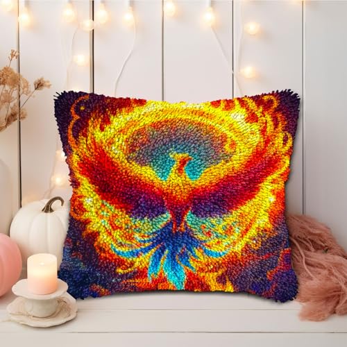 DIY Latch Hook Pillow Kits Phoenix Flying Colorful Flames Printed Pillowcase Crochet Yarns Hooking Handmade Pillow Cover Cushion for Home Sofa Decoration 17x17inch-2 - color: 08-Phoenix
