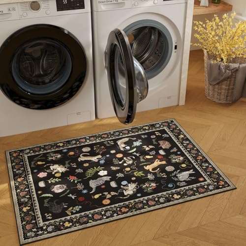 Rugcomf Door Mat Indoor Entrance 2x3 Rug Machine Washable Boho Floral Animal Cat Small Area Rug Non-Slip Low Pile Throw Rugs for Entryway Kitchen Front Door Indoor Entrance Entry Kids Room, Black - color: Black/Cat, size: 2' x 3' (Rectangular)