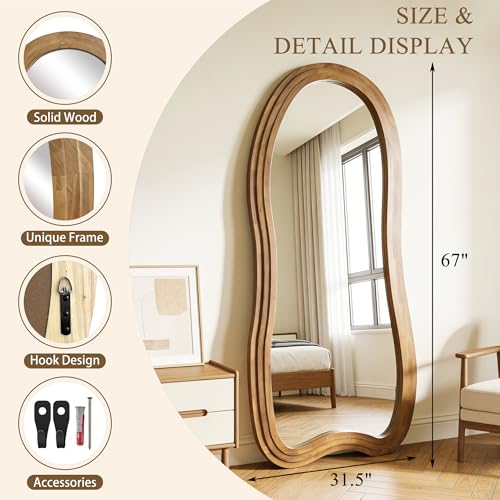 Large Irregular Floor Mirror, 67"x31.5" Organic Shape Mirror with Triple-Layer Solid Wood Frame, Asymmetrical Full Length Mirrors for Entryway Living Room Bedroom Hallway, Leaning/Hanging - color: Natural, size: 67"L x 31.5"W