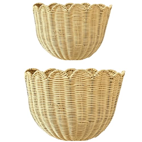 Scalloped Wall Basket, 2 Pack Hanging Wicker Wall Baskets,Hand Woven Wall Storage Organizer, 2 Sizes Wall Baskets Storage for Home, Bathroom, Kitchen, Living Room